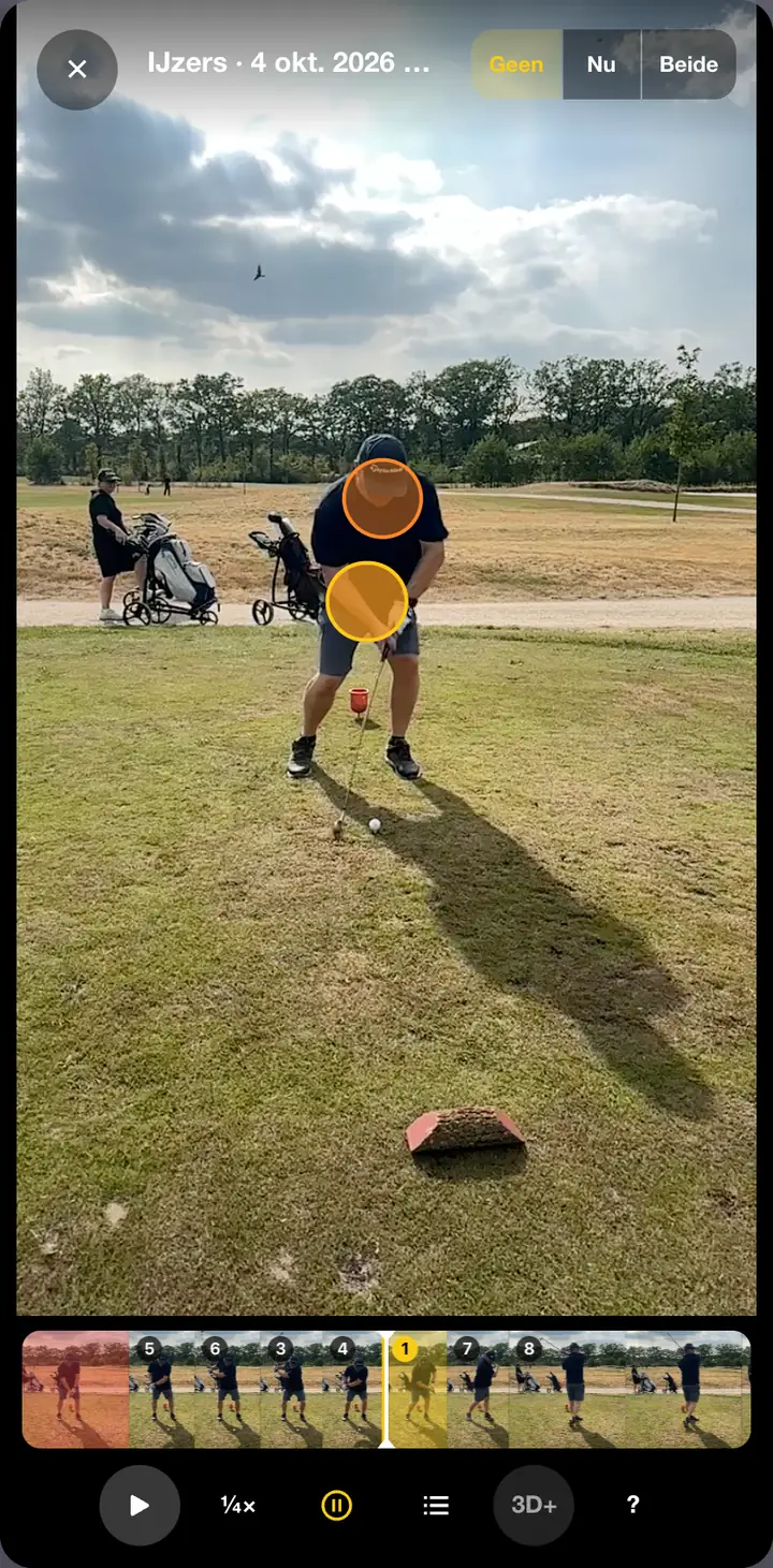 De video met bollen op de verschillen, daaronder de filmstrip met gekleurde vlakken en de knoppen