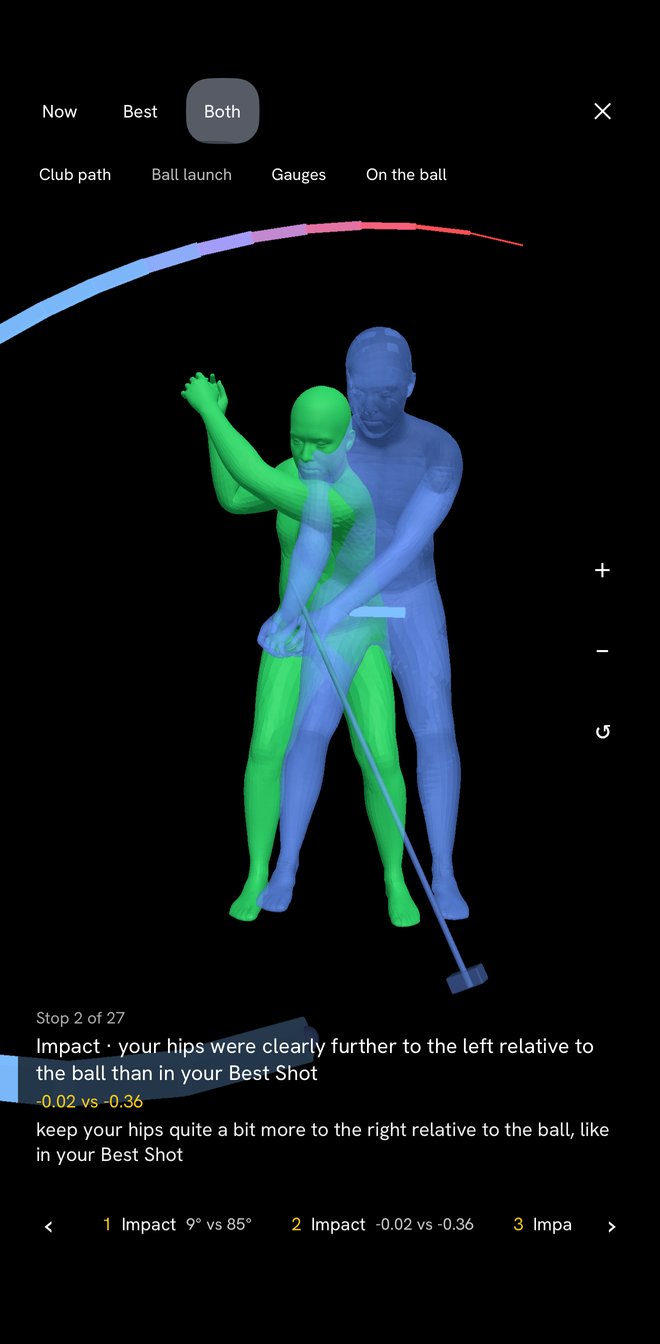 Het 3D-model in SwingIQ: deze slag en de beste slag over elkaar, met de baan van de clubkop en een verschil bij impact