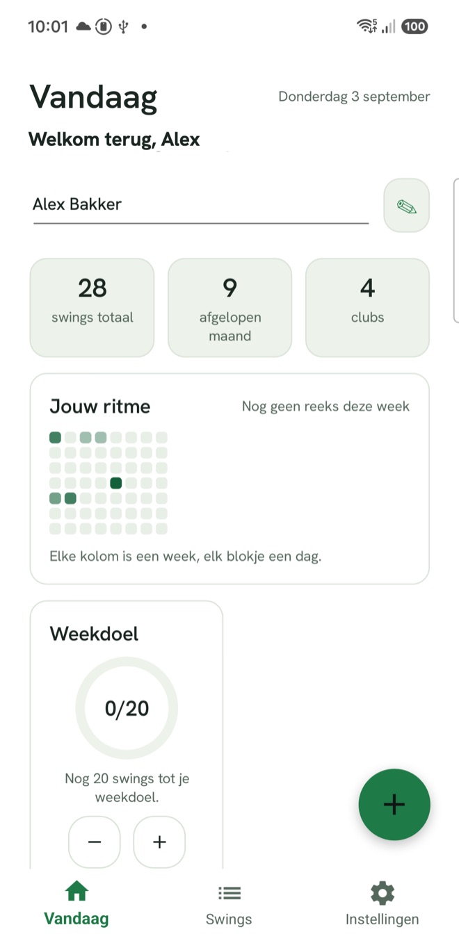 Het overzichtsscherm van SwingIQ met statistiek per clubtype